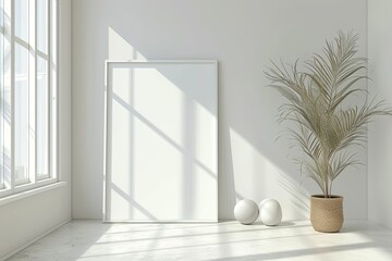 Fototapeta na wymiar Blank horizontal poster frame mock up in minimal white style living room interior, modern living room interior background