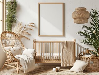Blank Mockup Frame in Tender Baby Nursery Interior, Empty Space,Adorable Baby Room Mockup, Empty Frame