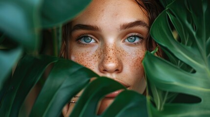 Green beauty portrait. Organic cosmetic concept. Beautiful young woman posing against and behind fresh green tropical banana leaves.