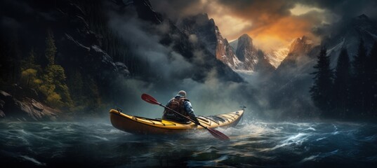 A man with a whitewater kayak goes down a fast flowing river from the mountains. AI generated image