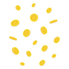 Bitcoin coins. Falling coins, falling money, flying gold coins, golden rain.
