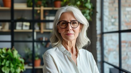 Fototapeta premium Cheerful stylish european mature middle aged woman standing at workplace. Stylish older senior businesswoman, 60s gray-haired lady executive leader manager looking at camera in office, portrait.