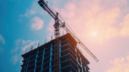 Big engineering projects construction crane builds a new high-rise building