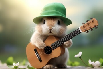 A bunny with a green hat plays a guitar