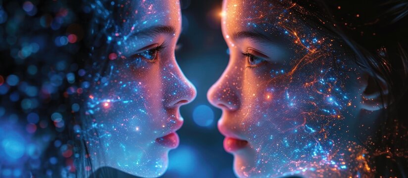 Double exposure of woman and man face combined with colorful lights