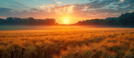 Sunset or sunrise in an agricultural field with ears of young golden rye on a sunny day. Landscape. - obrazy, fototapety, plakaty