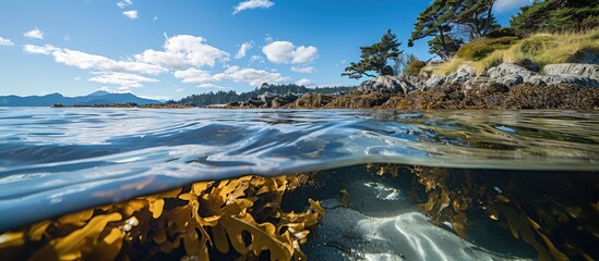 Matheson Bay's transparent water contains brown kelp and seaweed. - obrazy, fototapety, plakaty
