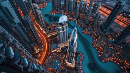 An overhead view of an incredibly beautiful and high tech city with huge tall modern buildings with night lights and city traffic 