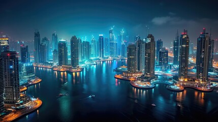 Panoramic  view of an incredibly beautiful and high tech city with huge tall modern buildings with night lights and city traffic 