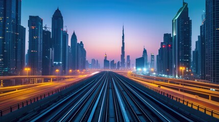 Fototapeta premium amazing city center skyline with luxury skyscrapers at sunrise, uae