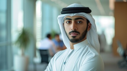 Fototapeta na wymiar Young leader arab at office wearing kandura looking at front ideal for Middle East business concept. Arabic man inside a corporate establishment with colleagues at the background.