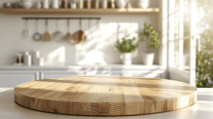 Big round wood tabletop counter on interior in clean and bright kitchen background, Ready for display, Banner, for product montage