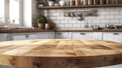 Cooking space wooden tabletop counter on interior in clean and bright kitchen background, Ready for display, Banner, for product montage 