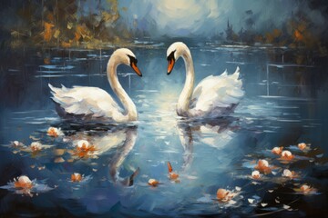 Graceful moonlit swans, gliding across shimmering lakes with elegance and poise - Generative AI - obrazy, fototapety, plakaty