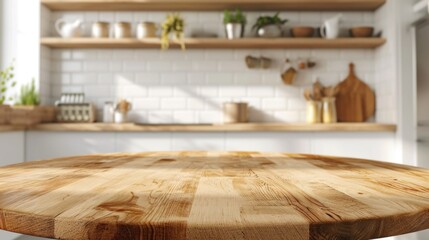 Empty space round wood tabletop counter on interior in clean and bright kitchen background, Ready for display, Banner, for product montage 