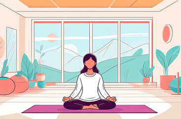 abstract woman wearing beige clothes is doing yoga, meditation at home. Good lights white modern open space room, large window on background, sport, health, selfcare concept, minimalist style