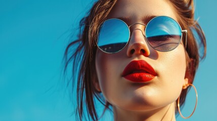 Colorful fashion portrait of young attractive woman wearing sunglasses. Summer beauty concept