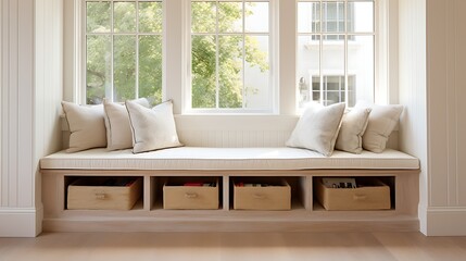 A built-in bench with storage for seating and organization.