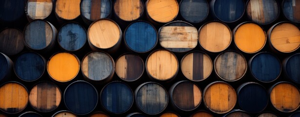 Old wooden whiskey, scotch, wine barrels stack in a warehouse. AI generated image - obrazy, fototapety, plakaty
