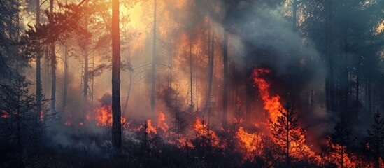 Forest fire produces smoke. - obrazy, fototapety, plakaty