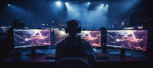 Gamer playing online gaming competition in front of computer neon screen display. AI generated image