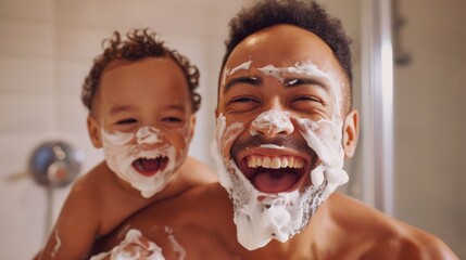 Dad and little son having fun with shaving cream