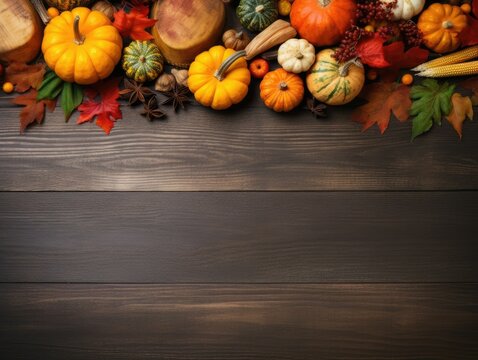 Various of autumn vegetables and little pumpkin isolated on brown rustic wooden table background, top view.. Copy space background concept for food product or thanksgiving day.