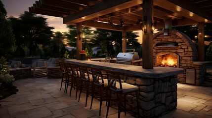 An outdoor kitchen with a grill and bar seating.