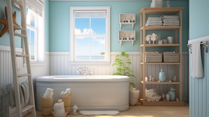 Fototapeta na wymiar A bathroom with a coastal or beachy theme.