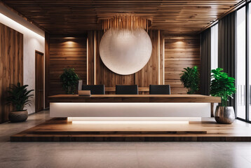 Contemporary office lobby with illuminated reception and wooden accents. Modern style