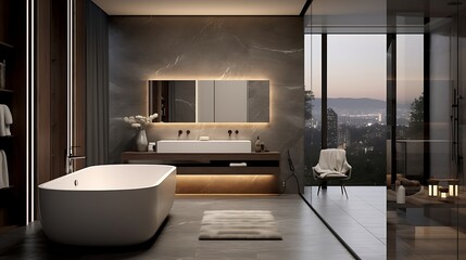 A bathroom with a high-tech mirror that includes lighting and a TV.