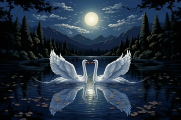 Graceful moonlit swans, gliding across shimmering lakes with elegance and poise - Generative AI