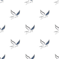 Swallow bird seamless pattern. Silhouettes on a white background. Contour drawing of swallows. Black contours of a flying bird. Flying swallows. Vector illustration