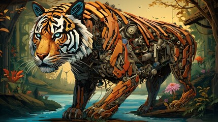 Surreal Tiger Fusion: Harmonizing Nature and Technology in a Captivating Surreal Portrait of Tigers"