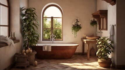 Fototapeta na wymiar A bathroom with a Mediterranean or Tuscan influence.