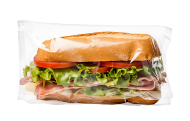 Fresh sub sandwich with ham, cheese, lettuce and tomato  in clear plastic packaging cut out on transparent background