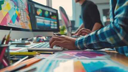 Close up of graphic designer hands working on laptop 