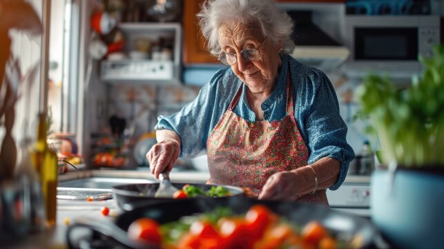 grandma cooking on white modern kitchen 
