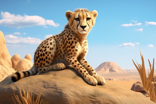 A cartoon cheetah comfortably seated on a rock