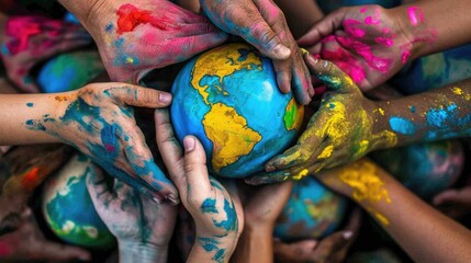 Colorful hands of diversity peoples around globe
