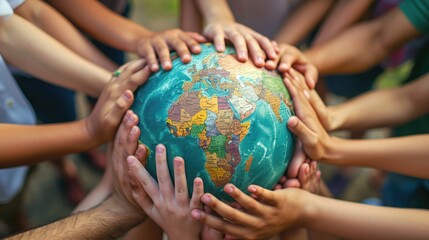 close op of children hands around a globe earth on white background