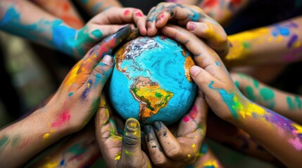 Conceptual peace and cultural diversity symbol of multiracial hands making a circle together around the world the Earth globe with painted hands