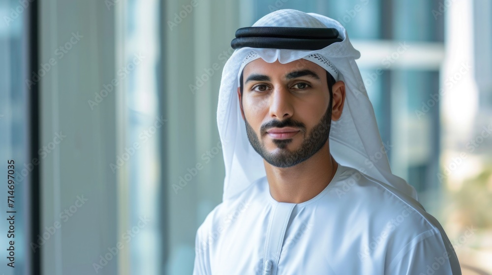 Poster Confident mid eastern arabian business man executive sitting on modern office looking and dreaming of future business success, thinking of new goals, business vision and leadership concept.