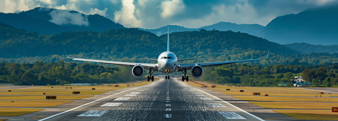 Airplane in airport runway in sunset light - obrazy, fototapety, plakaty