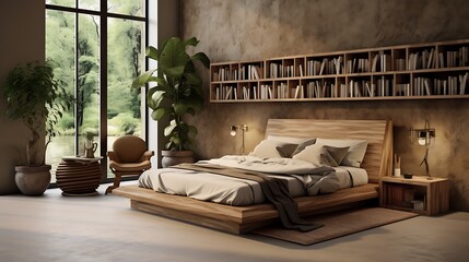 A bedroom with a focus on eco-friendly and sustainable materials.