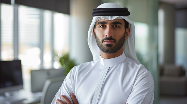 Professional man with dish dasha working in his business office of Dubai. Portraits of a successful businessman in traditional emirates white dress. Concept about middle eastern cultures