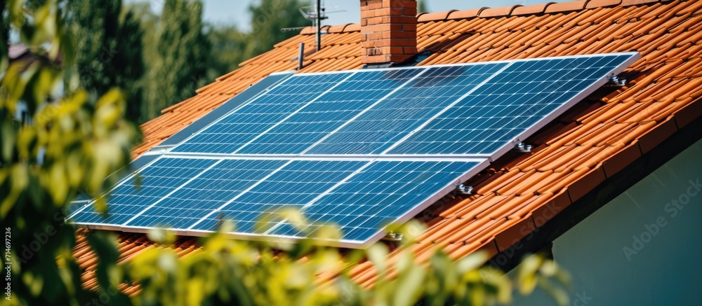 Canvas Prints installing small blue solar panels on a dark roof in a polish city on a sunny day.