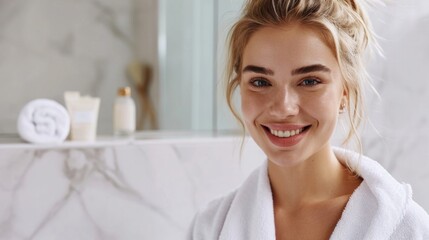  Young blonde woman with botox in white silky bathrobe posing at white bathroom, smiling at camera, closeup portrait, panorama with copy space. Face and skin care at home concept