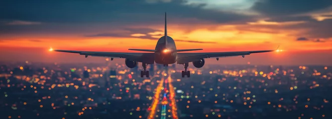 Poster Airplane is flying in colorful sky over the city at night. Landscape with passenger airplane, skyline, purple sky with clouds. Aircraft is landing at sunset. Aerial view. Transport © boyhey