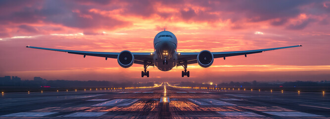 Airplane in airport runway in sunset light